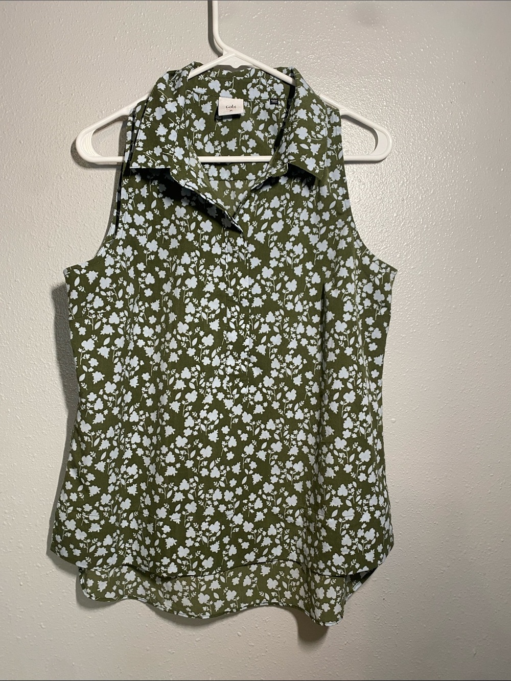 CAbi Olive Green Floral Collared Sleeveless Blouse